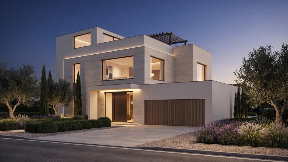 Arrival at residence V01 from the private road at blue hour. Render.