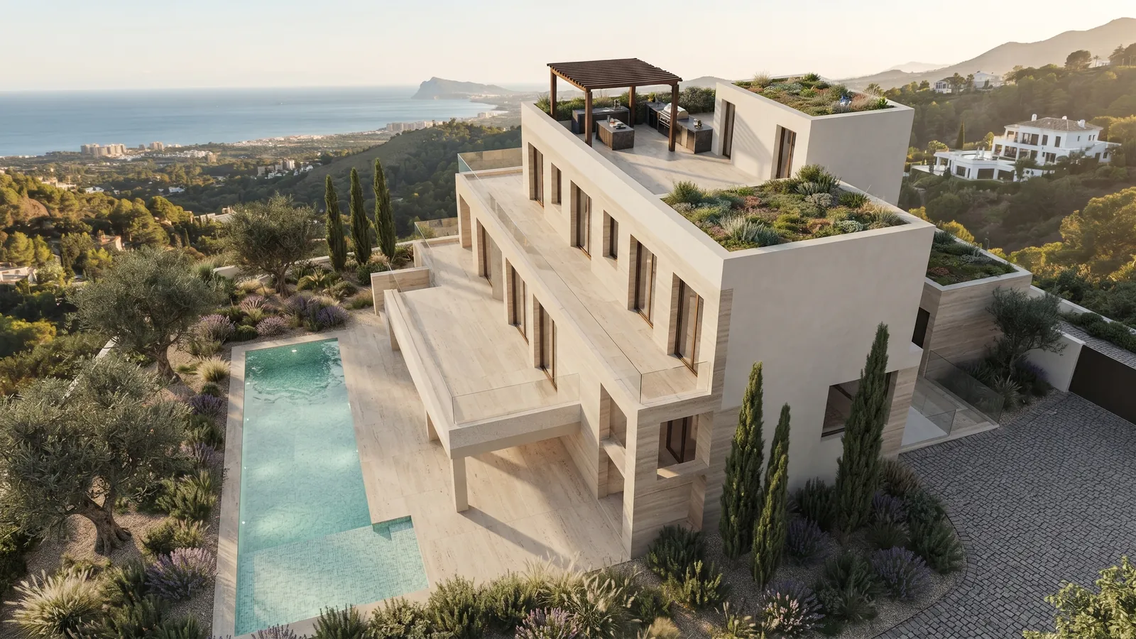 Residence V01 seen from the hillside above, with the pool, olive trees and the coast in the distance. Render.